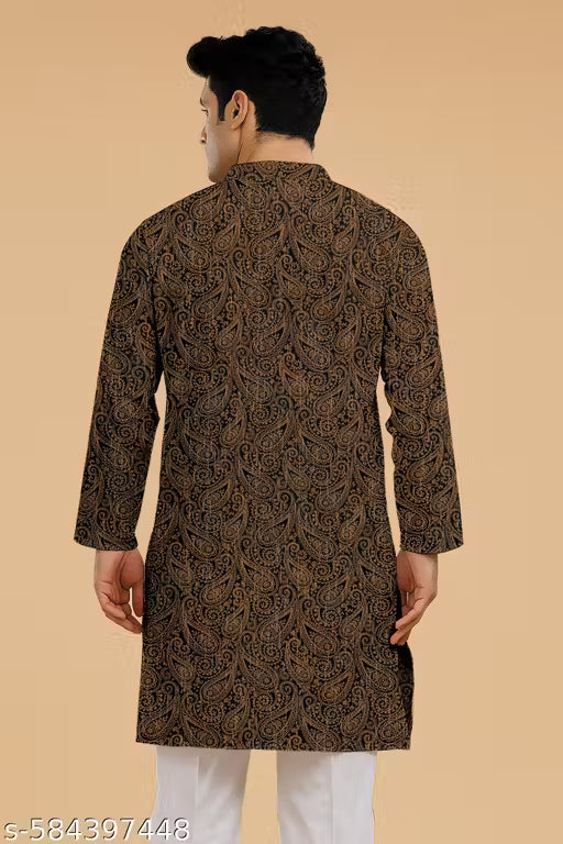 Black & Brown Paisley Printed Men's Kurta