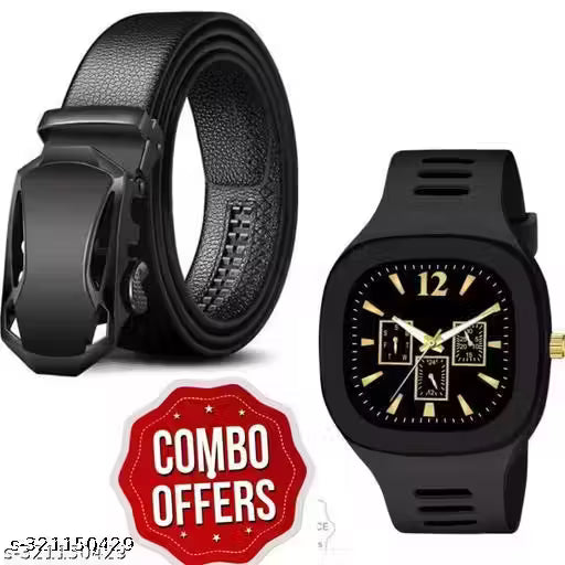Trendy Fashionable Adjustable Automatic Buckle Black Men Belt with stylish black miller watch