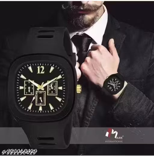 Trendy Fashionable Adjustable Automatic Buckle Black Men Belt with stylish black miller watch