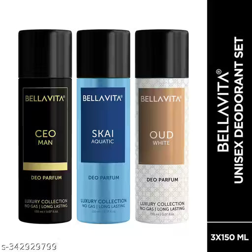 Bella Vita Organic Men's Long Lasting Body Perfume Deo Gift Set with Skai +CEO Man + OUD White (Pack of 3 x 150 ML Each)