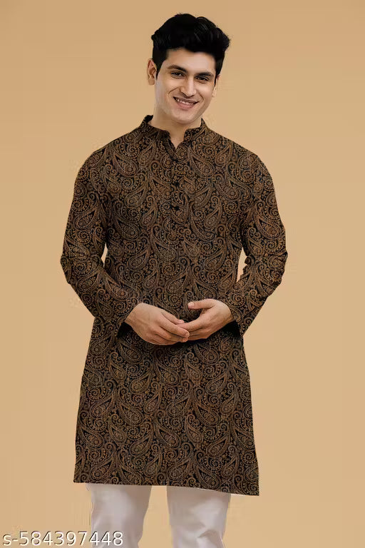 Black & Brown Paisley Printed Men's Kurta